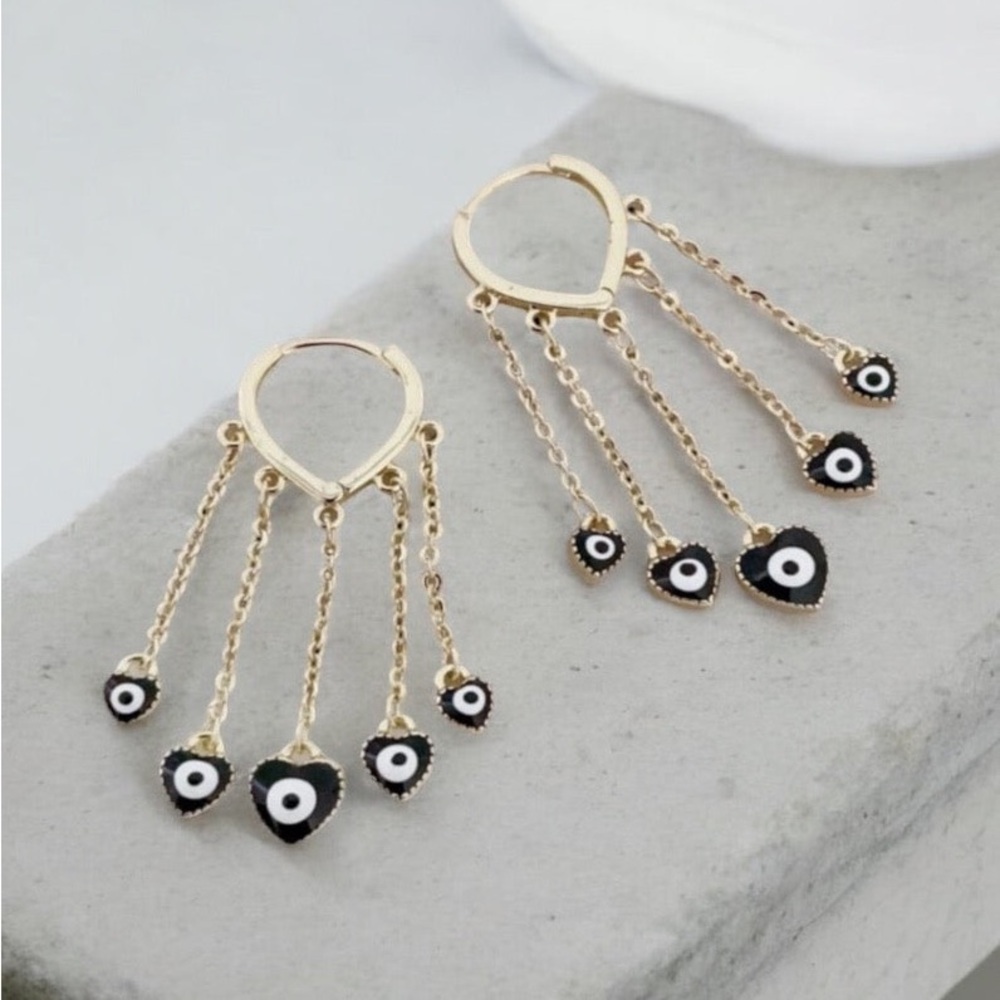 14k Gold Electroplated Black Heart Design Evil Eye Drop Earrings